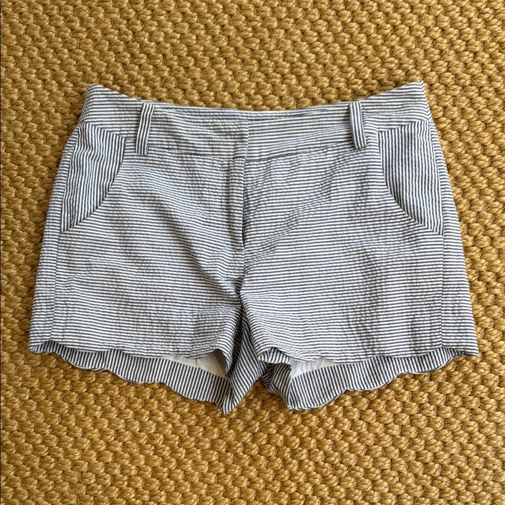 Annie Griffin White and Blue Seersucker Shorts with Scallop Details
